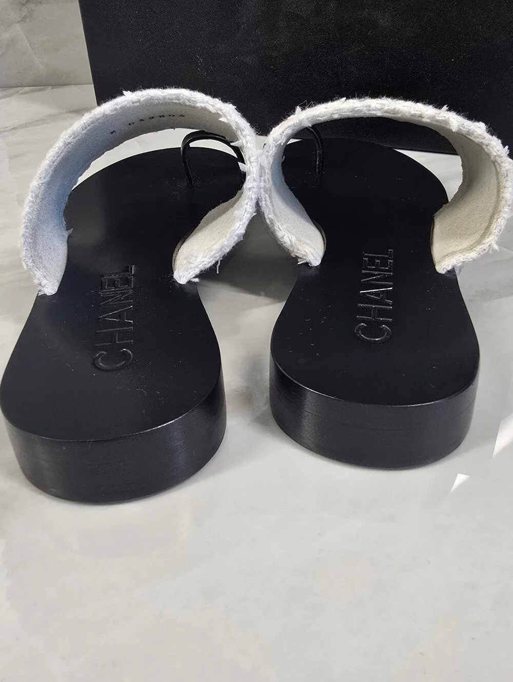 Chanel White Tweed & Gold Logo Slide Sandals